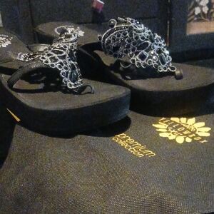 Yellow Box Black Sandals with Silver Accents